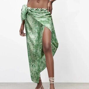 Zara Green Printed Wrap Style Midi Skirt with Beaded Waistband - SZ XL